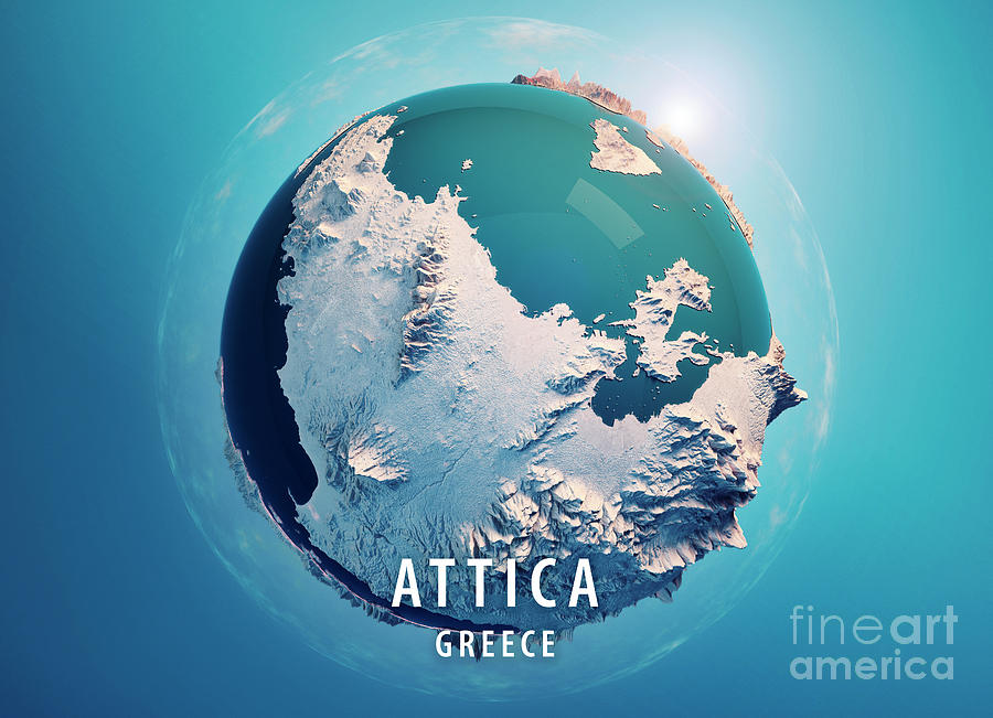 Map Digital Art - Attica Greece 3D Little Planet 360-Degree Sphere Panorama Blue #1 by Frank Ramspott