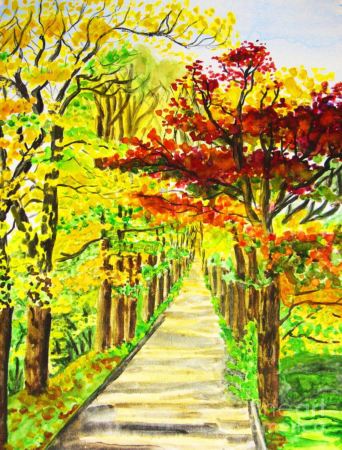 Autumn avenue with red and yellow trees Painting by Irina Afonskaya