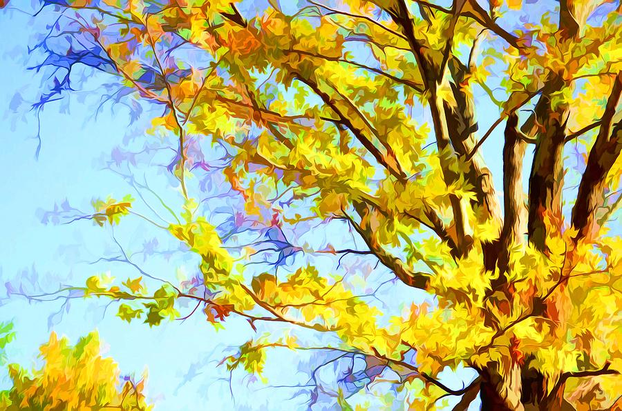 Abstract Painting - Autumn leaves against blue sky #1 by Jeelan Clark