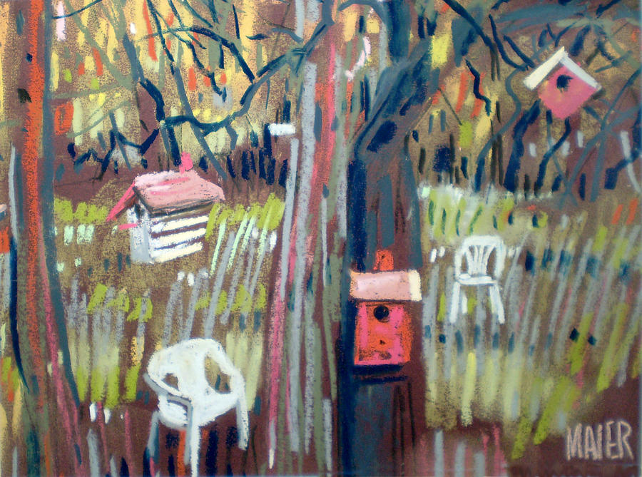 Abstract Painting - Backyard and Birdhouses #1 by Donald Maier