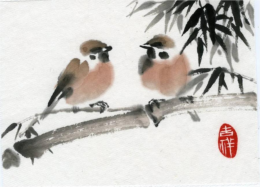 Bamboo and sparrow #1 Painting by Ping Yan