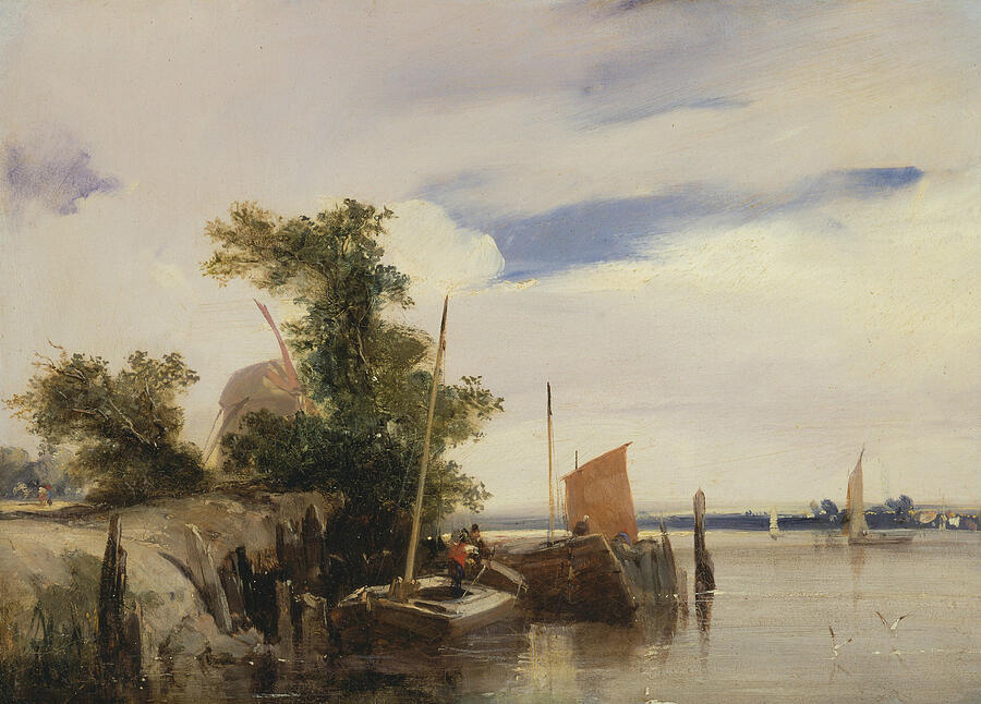 Barges on a River Painting by Richard Parkes Bonington | Fine Art America