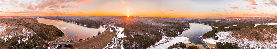 Barkhamsted reservoir and Saville Dam in Connecticut, Sunrise Panorama #1 Photograph by Mike Gearin