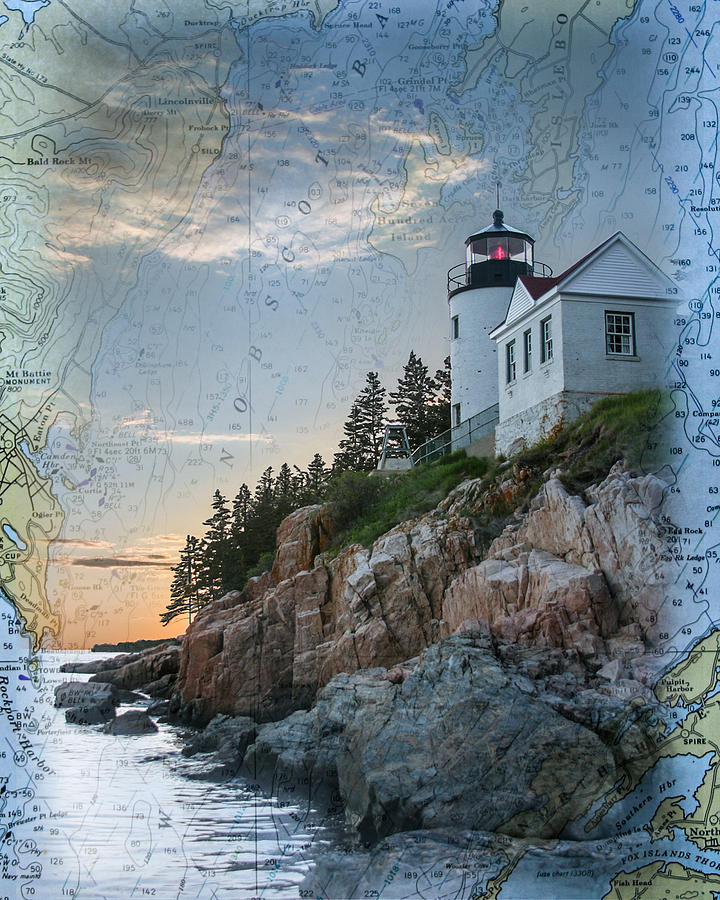 Bass Harbor lighthouse on Maine nautical chart #1 Photograph by Jeff Folger