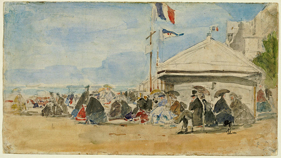 Beach House with Flags at Trouville #1 Painting by Eugene Boudin