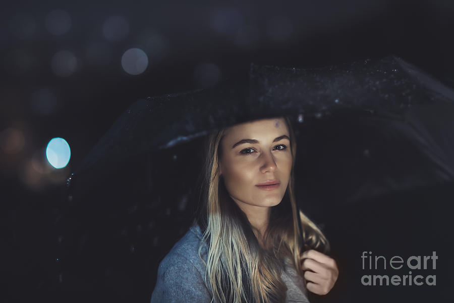 Beautiful woman at rainy night #1 Photograph by Anna Om