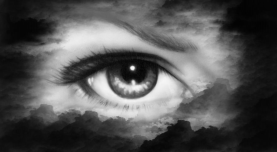 Atmosphere Painting - Beautiful Women Eye Painting In Cloud Sky Effect Black And White Retro Style #1 by Jozef Klopacka