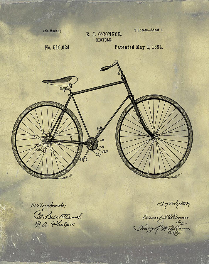 Bicycle Patent 1894 Blue sepia #1 Digital Art by Bill Cannon