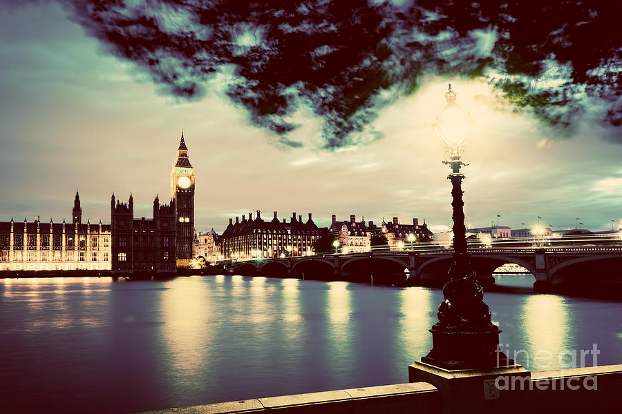 Big Ben, London the UK at sunset. Retro street lamp light on Westminster Bridge. Vintage #1 Photograph by Michal Bednarek