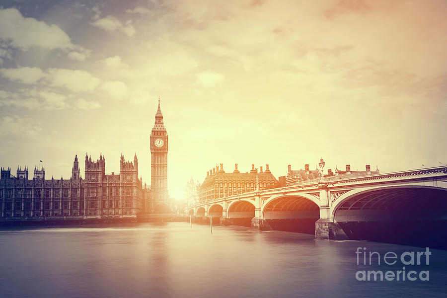 Big Ben, Westminster Bridge on River Thames in London, the UK. Vintage #1 Photograph by Michal Bednarek