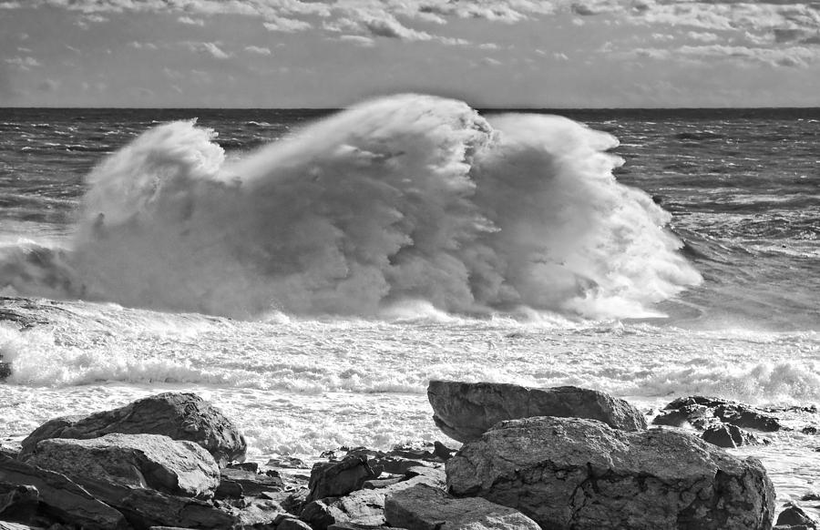Black and White Large Waves Near Pemaquid Point On The Coast Of  #1 Photograph by Keith Webber Jr