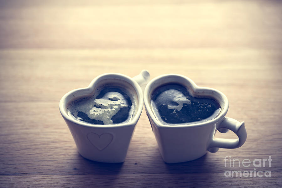 Black coffee, espresso in two heart shaped cups.. Love, Valentines Day, vintage #1 Photograph by Michal Bednarek