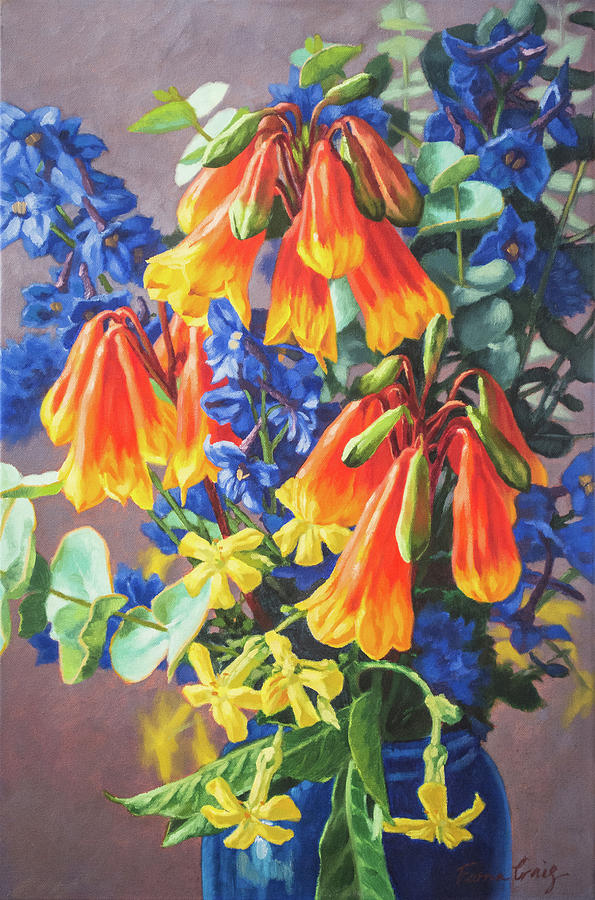 Primary Colors Painting - Blandfordia and Delphiniums #1 by Fiona Craig