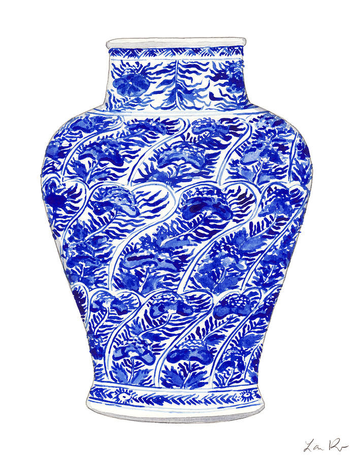 Bird Painting - Blue and White Ginger Jar Chinoiserie 4 #1 by Laura Row