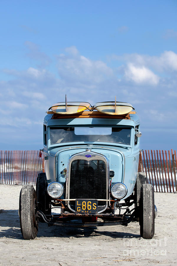 Blue Ford  roadster race car on the beach #1 Photograph by Anthony Totah
