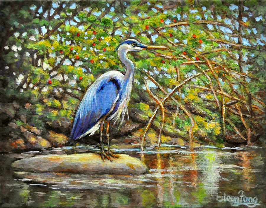 Blue Heron with Berry Bush #1 Painting by Eileen  Fong