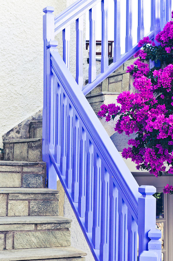 Greek Photograph - Blue stair rail #1 by Tom Gowanlock