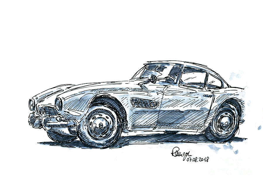 Car Drawing - BMW 507 Roadster Classic Car Ink Drawing and Watercolor #1 by Frank Ramspott