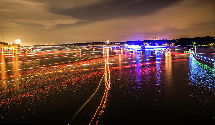 Boats Light Trails On Lake Wylie After 4th Of July Fireworks Photograph