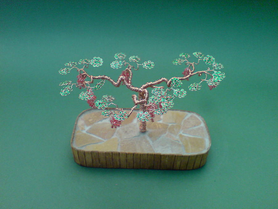 Bonsai Wire Tree Sculpture Beaded Flowers by Bujas Sinisa