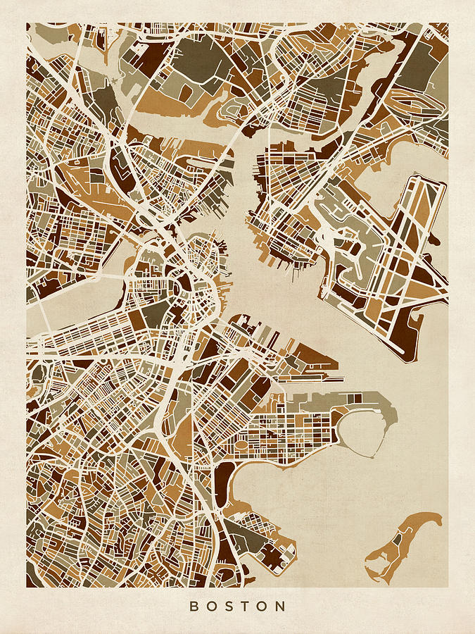 Boston Digital Art - Boston Massachusetts Street Map #1 by Michael Tompsett