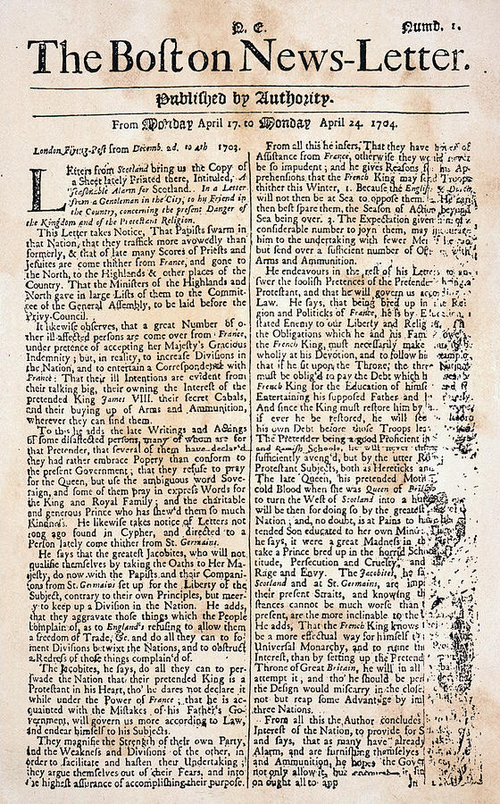 Boston News-letter, 1704 #1 Photograph by Granger
