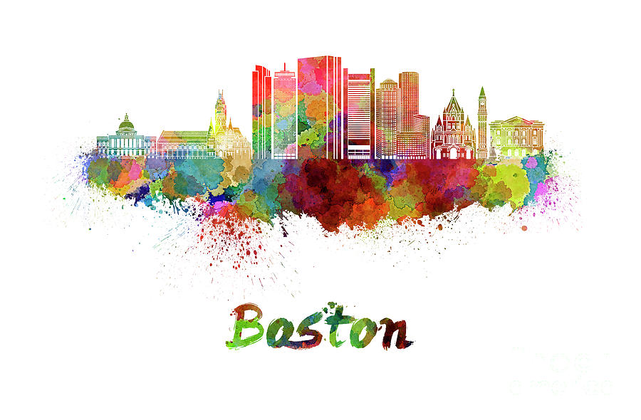 Boston Painting - Boston skyline in watercolor #1 by Pablo Romero