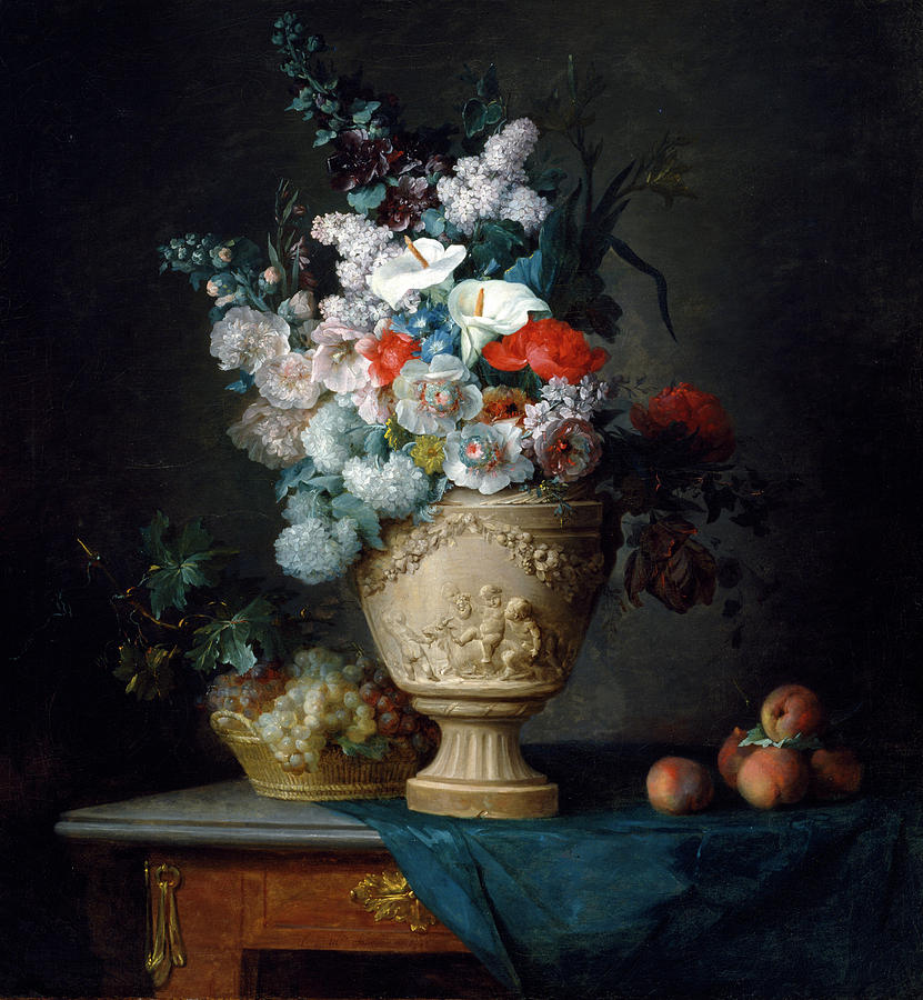 Bouquet of Flowers in a Terracotta Vase with Peaches and Grapes  #1 Painting by Celestial Images