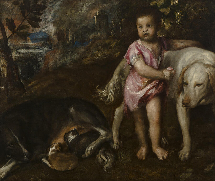 Boy with Dogs in a Landscape, from 1565-1576 Painting by Titian