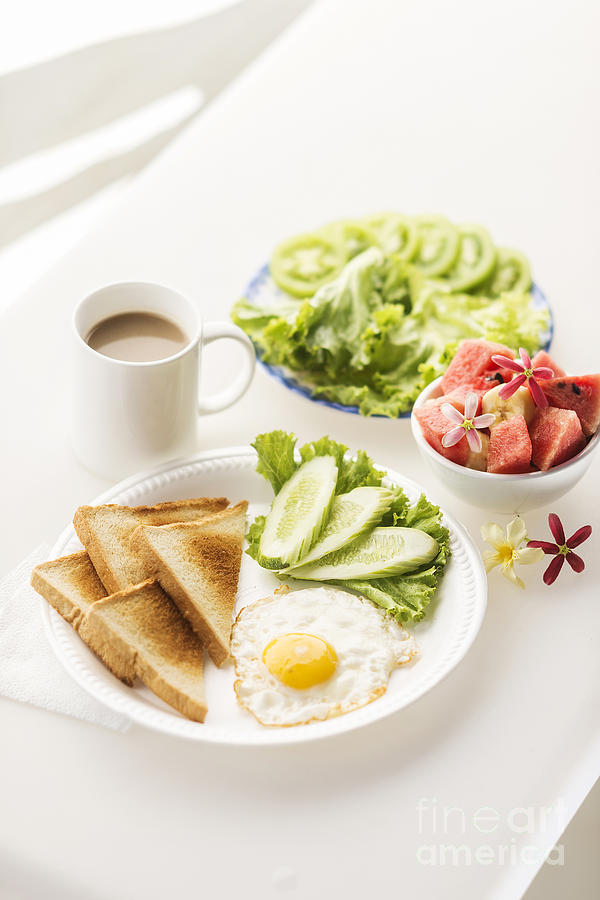 Breakfast With Egg Toast Fruit And Vegetable Salad Photograph