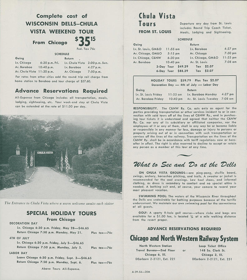 Brochure Page for Wisconsin Dells Chula Vista Tour #1 Photograph by Chicago and North Western Historical Society
