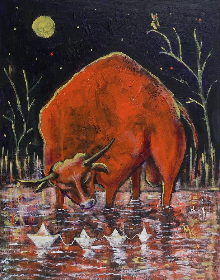 Bull and paper boats #1 Painting by Maxim Komissarchik