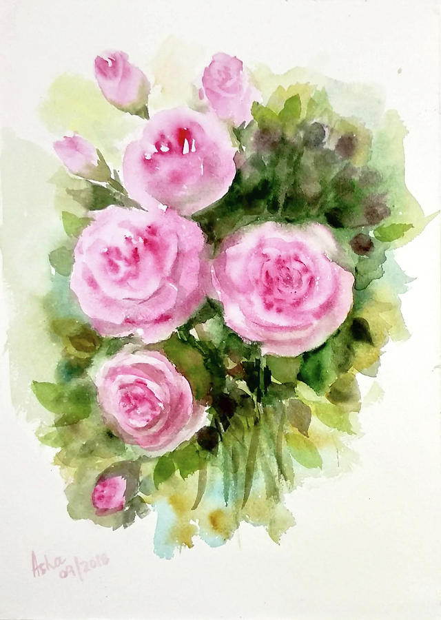 Bunch of pink roses #1 Painting by Asha Sudhaker Shenoy