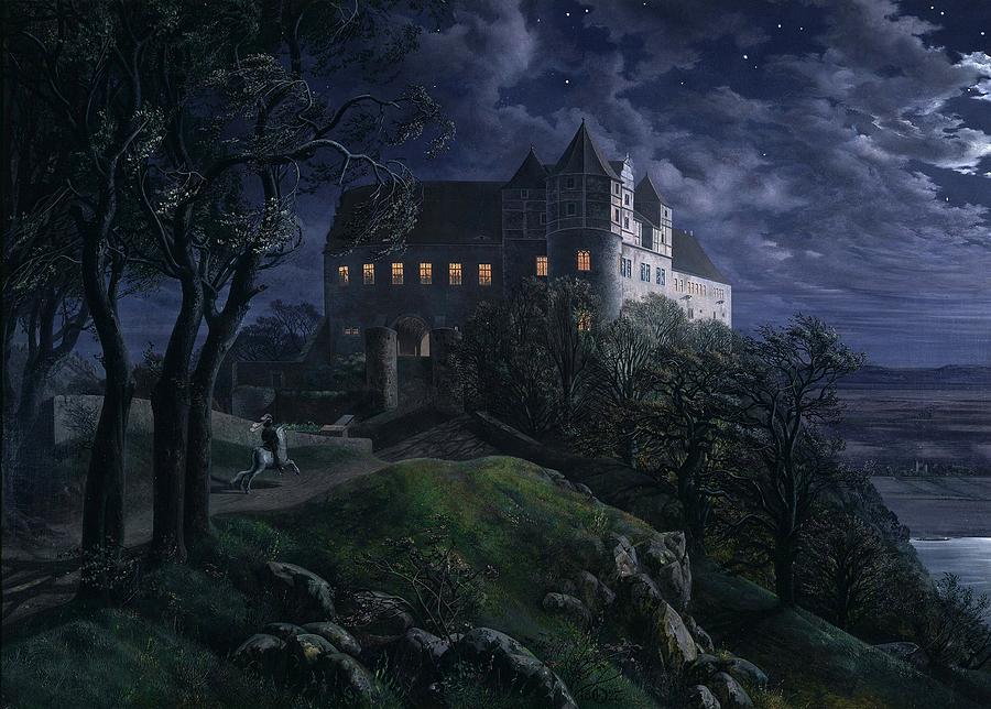 House Painting - Burg Scharfenberg at Night #1 by Ernst Ferdinand Oehme