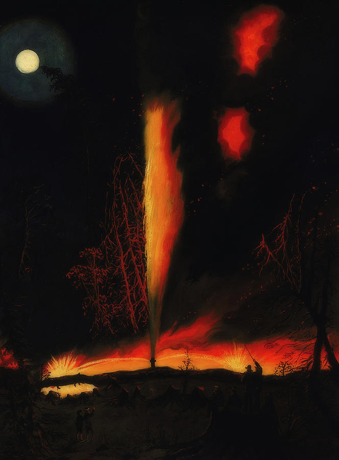 Burning Oil Well At Night, Near Rouseville Pennsylvania #2 Painting by Mountain Dreams