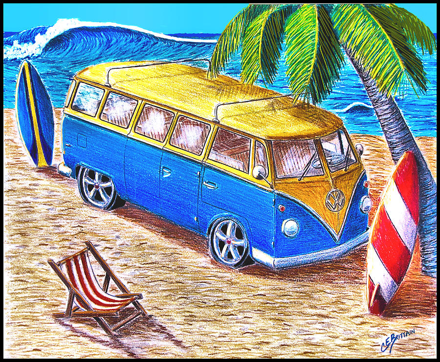 Vintage Drawing - Bus on the beach by Chad Brittain