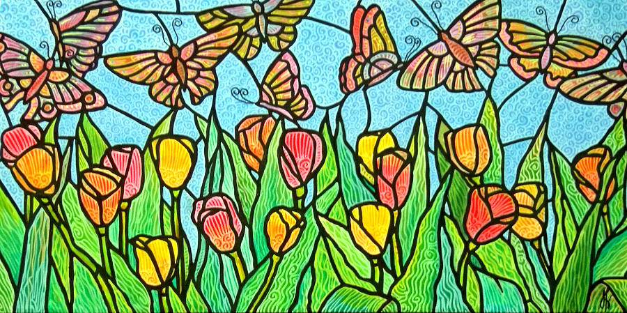 Butterflies in the Tulip Garden #2 Painting by Jim Harris
