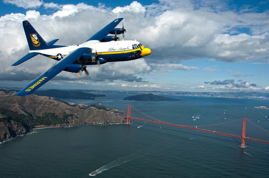 C-130 Hercules flys over San Francisco #1 Painting by Celestial Images