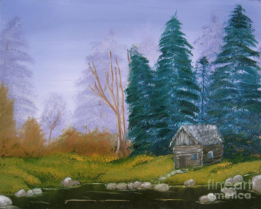 Tree Painting - Cabin by Lake with Purple Sky #1 by Jeanene Miller