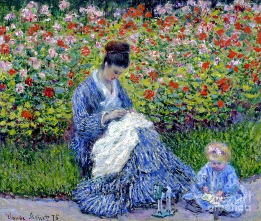 Camille Monet and a Child in the Artists Garden in Argenteuil by Monet Painting by Claude Monet
