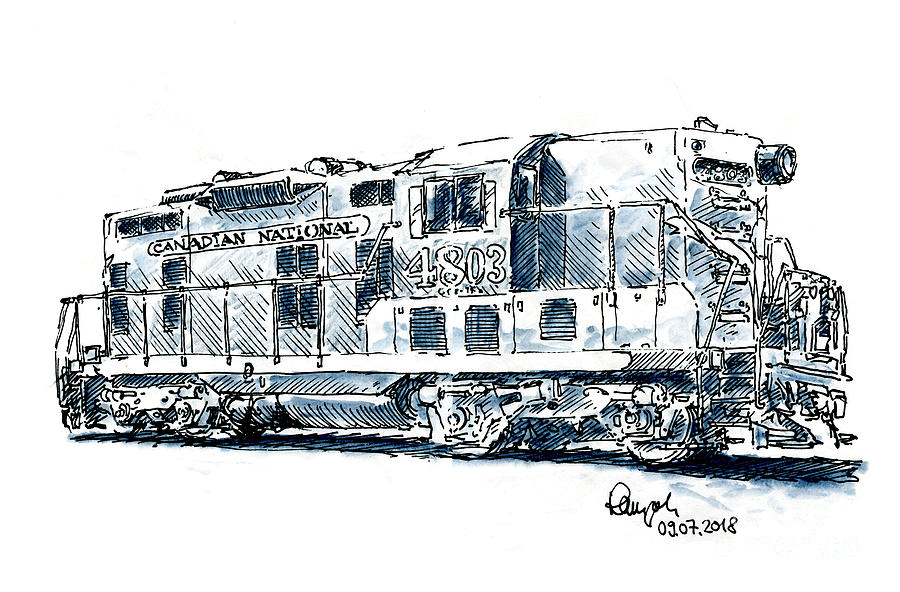 Transportation Drawing - Canadian National Locomotive Ink Drawing and WatercolorCanadian  #1 by Frank Ramspott