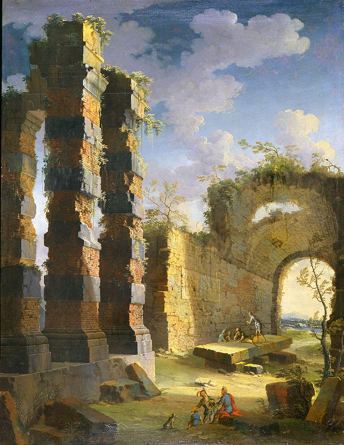 Capriccio with Ancient Ruins and Figure. Dawn #2 Painting by Leonardo Coccorante