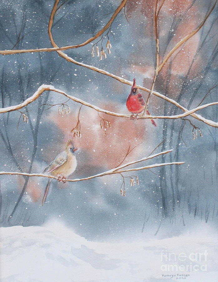 Bird Painting - Cardinals In Winter #1 by Kathryn Duncan