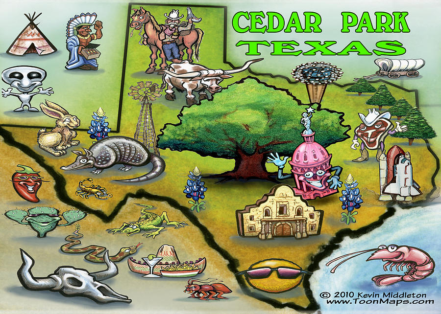 Cedar Park TEXAS Cartoon Map #1 Digital Art by Kevin Middleton