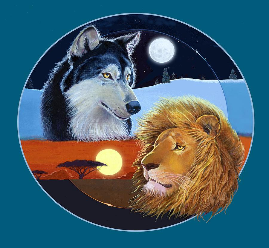 Wolf - Lion - Celestial Kings Circular Mixed Media by J L Meadows