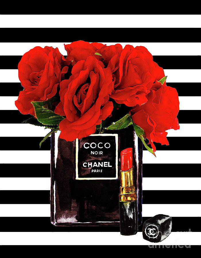 Chanel Perfume With Red Roses Mixed Media by Del Art