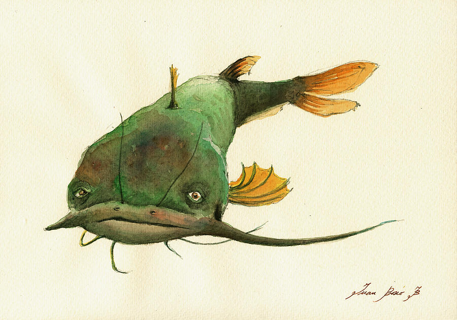 Catfish Painting - Channel Catfish fish animal watercolor painting #1 by Juan  Bosco