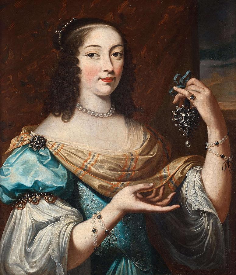 Charles Beaubrun Attributed To, Portrait Of A Woman In A Blue Dress With Lots Of Jewellery. Painting