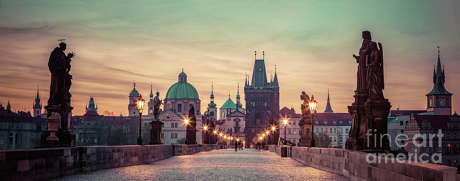 Charles Bridge At Sunrise, Prague, Czech Republic. Dramatic Statues And Medieval Towers. Photograph