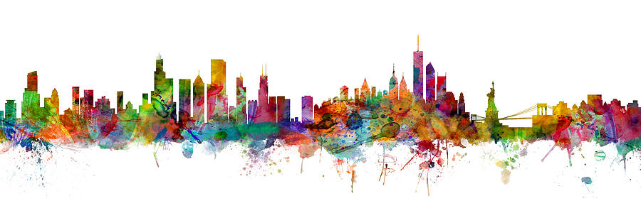 Chicago Digital Art - Chicago And New York City Skylines Mashup #1 by Michael Tompsett